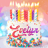A cheerful white birthday cake with multicolor sprinkles, lit candles, and 'Evelyn' written in vibrant letters, in an animated GIF.