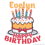 Cartoon birthday cake with a red bow, glowing candles, and 'Evelyn Happy Birthday' text in bold animated style.