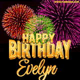 A golden 'Happy Birthday Evelyn' message with vibrant fireworks in the background, creating a festive and celebratory vibe in this animated name GIF.