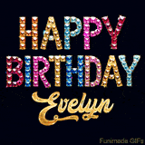Vibrant luxury birthday greeting card for Evelyn, showing glittering gemstone letters and golden calligraphy on a dark background with twinkling shine effects.