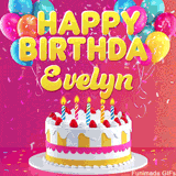 Pink-themed animated greeting with balloons, confetti, and a frosted cake under the message 'Happy Birthday Evelyn' in bold rounded yellow font.