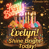 Happy Birthday Evelyn animated image showcasing a decorated chocolate cake on a gold stand with a glowing neon sign.