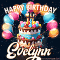 Hand-drawn happy birthday cake adorned with an arch of colorful balloons - name GIF for Evelynn