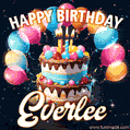Hand-drawn happy birthday cake adorned with an arch of colorful balloons - name GIF for Everlee