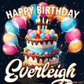 Hand-drawn happy birthday cake adorned with an arch of colorful balloons - name GIF for Everleigh