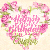 A stunning heart made of pink roses surrounds the elegant script text 'Happy Birthday Evinka' on a soft beige background. Animated sparkles add a magical and festive feel.