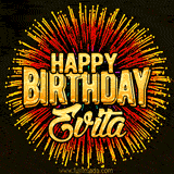 Golden 'Happy Birthday Evita' text accompanied by animated rainbow fireworks for a festive animated greeting.