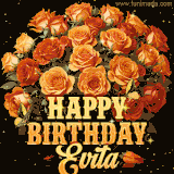 Animated bouquet of orange roses with moving butterfles and golden 'Happy Birthday Evita' text, surrounded by sparkling accents and a dark backdrop for a luxurious feel.