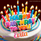 A colorful birthday cake topped with lit candles, with the words 'Happy Birthday Evita' in bold glowing letters on a burgundy background. Animated flames add a festive touch.
