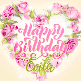 A stunning heart made of pink roses surrounds the elegant script text 'Happy Birthday Evita' on a soft beige background. Animated sparkles add a magical and festive feel.