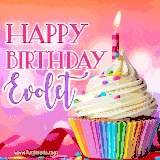 A vibrant birthday GIF featuring a rainbow-colored cupcake topped with white frosting, sprinkles, and a lit candle. The text reads 'Happy Birthday Evolet' in bold pink and violet letters with white outline.