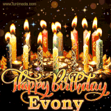 A glowing personalized birthday GIF with name Evony featuring lit candles with intricate designs, warm lighting, and the text 'Happy Birthday' in an elegant font.