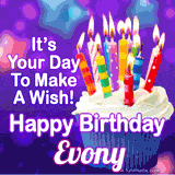 A colorful birthday GIF for Evony featuring a cupcake with vibrant lit candles and the text 'It's Your Day to Make a Wish! Happy Birthday Evony' in bold letters on a festive purple background.