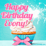A festive cupcake with pink icing, a gingham bow, and a lit animated sparkler, paired with 'Happy Birthday Evony!' in bright pink text.