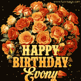 Animated bouquet of orange roses with moving butterfles and golden 'Happy Birthday Evony' text, surrounded by sparkling accents and a dark backdrop for a luxurious feel.