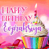 A vibrant birthday GIF featuring a rainbow-colored cupcake topped with white frosting, sprinkles, and a lit candle. The text reads 'Happy Birthday Evpraksiya' in bold pink and violet letters with white outline.