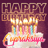 A colorful birthday cake topped with lit candles, with the words 'Happy Birthday Evpraksiya' in bold glowing letters on a burgundy background. Animated flames add a festive touch.