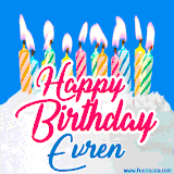 A cheerful animated GIF featuring colorful lit birthday candles on a white cake, with the text 'Happy Birthday Evren' in bold red and blue script on a bright blue background.