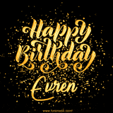 Animated GIF with colorful, festive 'Happy Birthday Evren' text decorated with patterns, a party hat, and falling confetti. A vibrant and cheerful design for birthday celebrations.