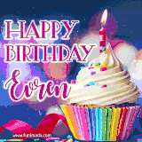 A festive animated GIF featuring a colorful cupcake with a single lit candle, sprinkles, and 'Happy Birthday Evren' text against a sparkling, celebratory background.