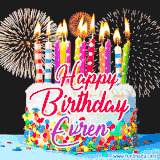 A lively happy birthday animated GIF showcasing a colorful birthday cake covered in sprinkles, topped with glowing candles, and surrounded by vibrant fireworks. The name 'Evren' is featured in elegant script.