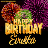 A golden 'Happy Birthday Evuška' message with vibrant fireworks in the background, creating a festive and celebratory vibe in this animated name GIF.