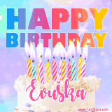 A vibrant animated name GIF with the words 'Happy Birthday Evuška' with colorful candles on a creamy cake. The background sparkles with pastel shades, adding a festive touch.