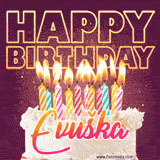 A colorful birthday cake topped with lit candles, with the words 'Happy Birthday Evuška' in bold glowing letters on a burgundy background. Animated flames add a festive touch.
