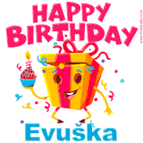 A vibrant and funny gift box character with a happy face dancing with a cupcake and the text 'Happy Birthday Evuška,' surrounded by animated confetti and party vibes.