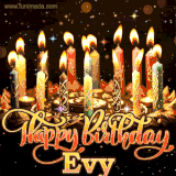 A glowing personalized birthday GIF with name Evy featuring lit candles with intricate designs, warm lighting, and the text 'Happy Birthday' in an elegant font.