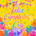 A bright and festive GIF with the text 'Feliz Cumpleaños Evy' in Spanish in colorful fonts, surrounded by confetti, balloons, and festive banners on a vibrant yellow background.