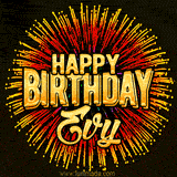 Golden 'Happy Birthday Evy' text accompanied by animated rainbow fireworks for a festive animated greeting.
