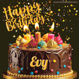 A delightful chocolate birthday cake with bright candles and 'Happy Birthday Evy' written in gold amidst a shower of animated stars.