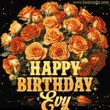 Animated bouquet of orange roses with moving butterfles and golden 'Happy Birthday Evy' text, surrounded by sparkling accents and a dark backdrop for a luxurious feel.