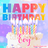 A vibrant animated name GIF with the words 'Happy Birthday Evy' with colorful candles on a creamy cake. The background sparkles with pastel shades, adding a festive touch.