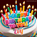 A colorful birthday cake topped with lit candles, with the words 'Happy Birthday Evy' in bold glowing letters on a burgundy background. Animated flames add a festive touch.