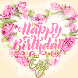 A stunning heart made of pink roses surrounds the elegant script text 'Happy Birthday Evy' on a soft beige background. Animated sparkles add a magical and festive feel.