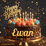 An animated birthday card for Ewan with flickering candles on a chocolate glaze cake.