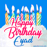 A cheerful animated GIF featuring colorful lit birthday candles on a white cake, with the text 'Happy Birthday Eyad' in bold red and blue script on a bright blue background.
