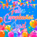A vibrant animated GIF with 'Feliz Cumpleaños Eyad' written in colorful script, surrounded by balloons, confetti, and bunting on a bright blue background.