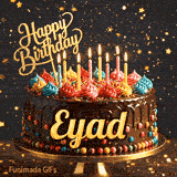 Close-up of multicolored whipped cream peaks on a chocolate cake with lit candles and a golden script topper for Eyad