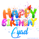 Animated GIF with colorful, festive 'Happy Birthday Eyad' text decorated with patterns, a party hat, and falling confetti. A vibrant and cheerful design for birthday celebrations.