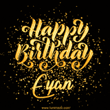 Animated GIF with colorful, festive 'Happy Birthday Eyan' text decorated with patterns, a party hat, and falling confetti. A vibrant and cheerful design for birthday celebrations.