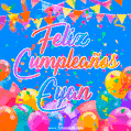 A vibrant animated GIF with 'Feliz Cumpleaños Eyan' written in colorful script, surrounded by balloons, confetti, and bunting on a bright blue background.