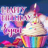 A festive animated GIF featuring a colorful cupcake with a single lit candle, sprinkles, and 'Happy Birthday Eyan' text against a sparkling, celebratory background.