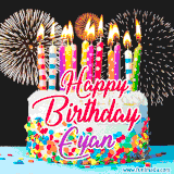 A lively happy birthday animated GIF showcasing a colorful birthday cake covered in sprinkles, topped with glowing candles, and surrounded by vibrant fireworks. The name 'Eyan' is featured in elegant script.