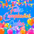 A vibrant animated GIF with 'Feliz Cumpleaños Eyden' written in colorful script, surrounded by balloons, confetti, and bunting on a bright blue background.