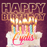 A colorful birthday cake topped with lit candles, with the words 'Happy Birthday Eydís' in bold glowing letters on a burgundy background. Animated flames add a festive touch.