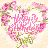 A stunning heart made of pink roses surrounds the elegant script text 'Happy Birthday Eydís' on a soft beige background. Animated sparkles add a magical and festive feel.