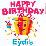 A vibrant and funny gift box character with a happy face dancing with a cupcake and the text 'Happy Birthday Eydís,' surrounded by animated confetti and party vibes.